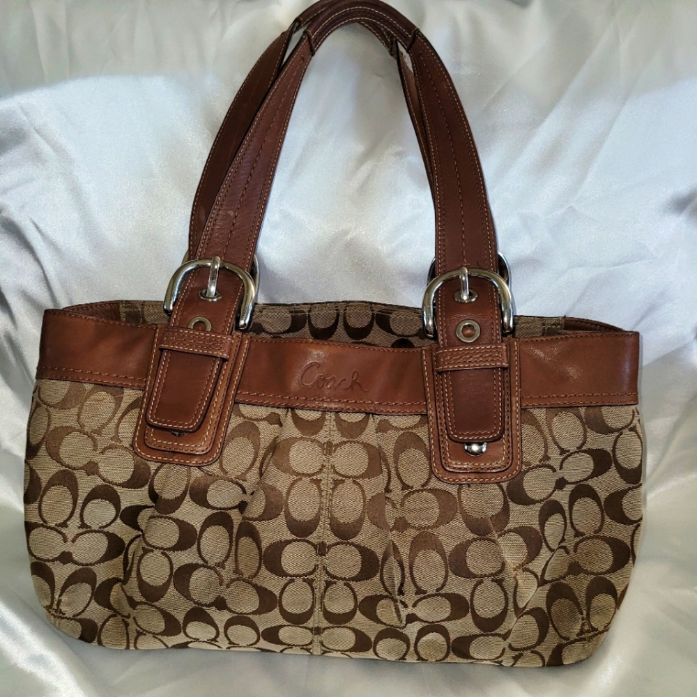 COACH👜F13742 Soho Pleated Signature Leather Trim Tote Shoulder Handbag Purse